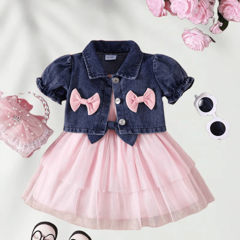 Summer 0-6Y Kids Clothes Girls Denim Collar Short Jacket 2pcs Set Sling Dress Bowknot Tulle Puff Skirt Girl Outfit - Mom & Kids