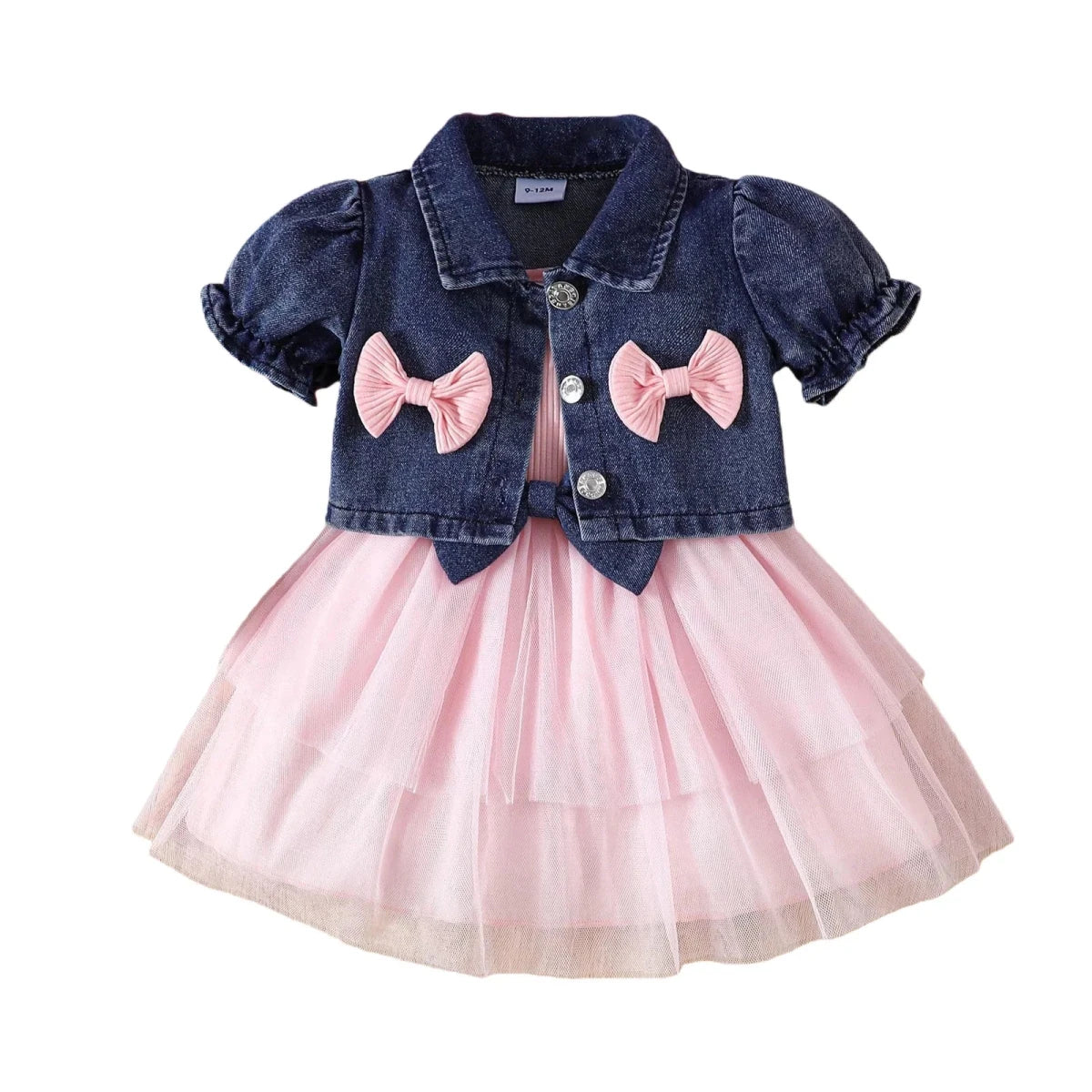 Summer 0-6Y Kids Clothes Girls Denim Collar Short Jacket 2pcs Set Sling Dress Bowknot Tulle Puff Skirt Girl Outfit - Mom & Kids