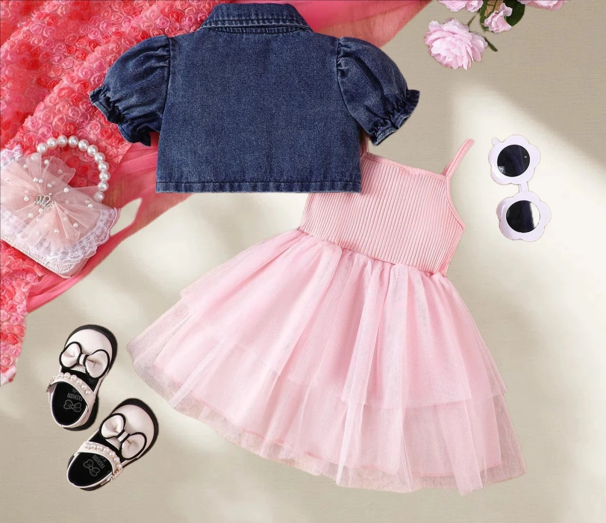 Summer 0-6Y Kids Clothes Girls Denim Collar Short Jacket 2pcs Set Sling Dress Bowknot Tulle Puff Skirt Girl Outfit - Mom & Kids