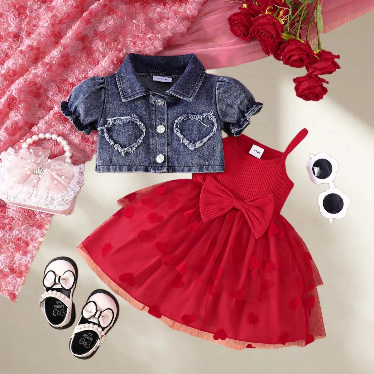 Summer 0-6Y Kids Clothes Girls Denim Collar Short Jacket 2pcs Set Sling Dress Bowknot Tulle Puff Skirt Girl Outfit - Mom & Kids
