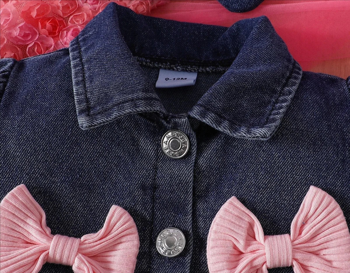 Summer 0-6Y Kids Clothes Girls Denim Collar Short Jacket 2pcs Set Sling Dress Bowknot Tulle Puff Skirt Girl Outfit - Mom & Kids