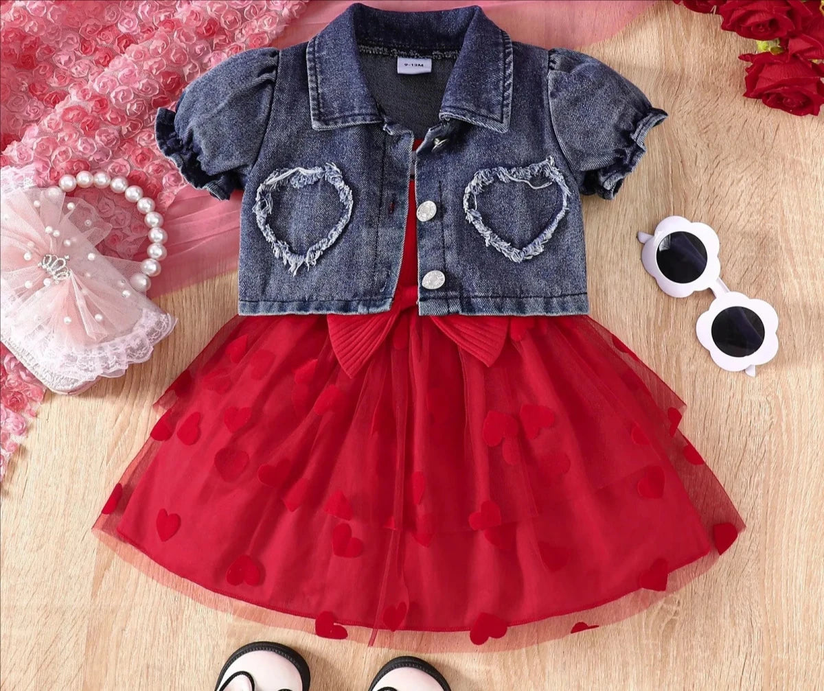 Summer 0-6Y Kids Clothes Girls Denim Collar Short Jacket 2pcs Set Sling Dress Bowknot Tulle Puff Skirt Girl Outfit - Mom & Kids