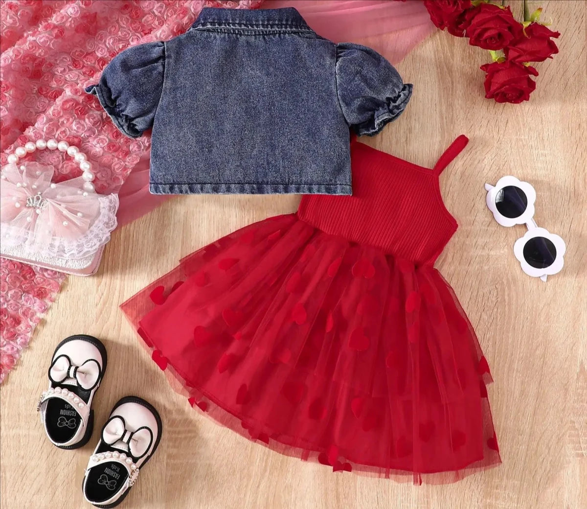 Summer 0-6Y Kids Clothes Girls Denim Collar Short Jacket 2pcs Set Sling Dress Bowknot Tulle Puff Skirt Girl Outfit - Mom & Kids