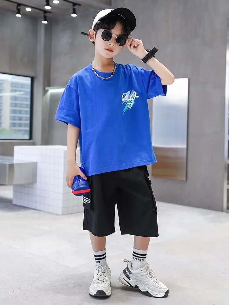 Summer 100% Cotton Boys Blue T-shirt Cool Graffiti Printed Girls Tees Short Sleeve Children Tops High Quality Kids Clothes - Mom & Kids