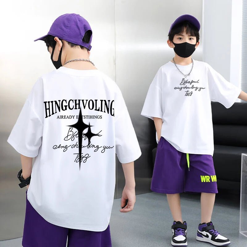 Summer 100% Cotton Boys Blue T-shirt Cool Graffiti Printed Girls Tees Short Sleeve Children Tops High Quality Kids Clothes - Mom & Kids