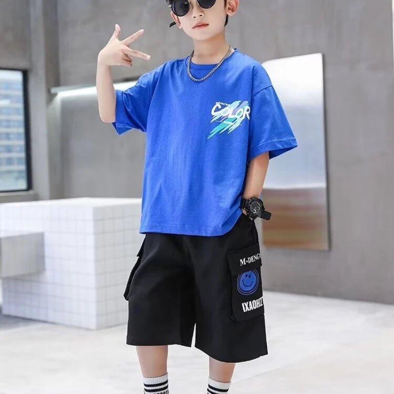 Summer 100% Cotton Boys Blue T-shirt Cool Graffiti Printed Girls Tees Short Sleeve Children Tops High Quality Kids Clothes - Mom & Kids