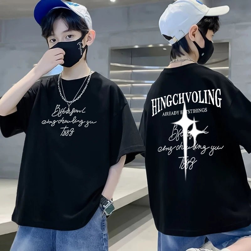 Summer 100% Cotton Boys Blue T-shirt Cool Graffiti Printed Girls Tees Short Sleeve Children Tops High Quality Kids Clothes - Mom & Kids