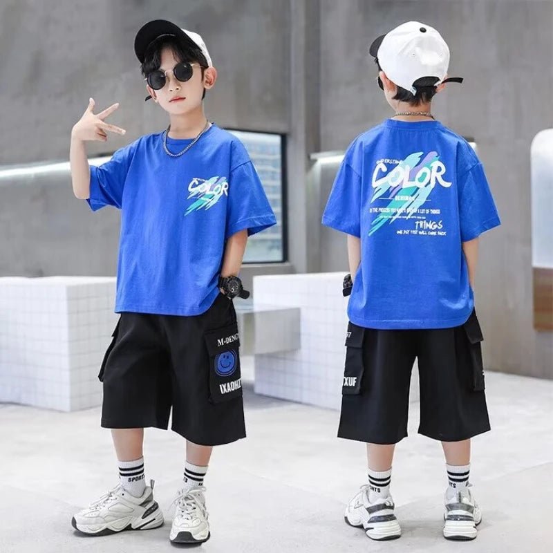 Summer 100% Cotton Boys Blue T-shirt Cool Graffiti Printed Girls Tees Short Sleeve Children Tops High Quality Kids Clothes - Mom & Kids