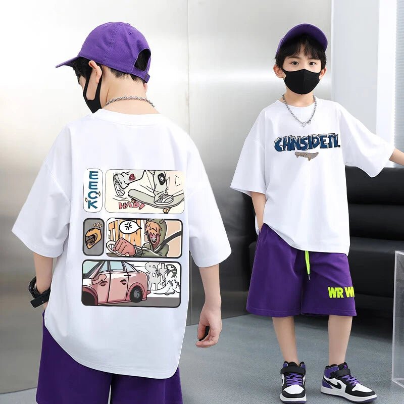Summer 100% Cotton Boys Blue T-shirt Cool Graffiti Printed Girls Tees Short Sleeve Children Tops High Quality Kids Clothes - Mom & Kids