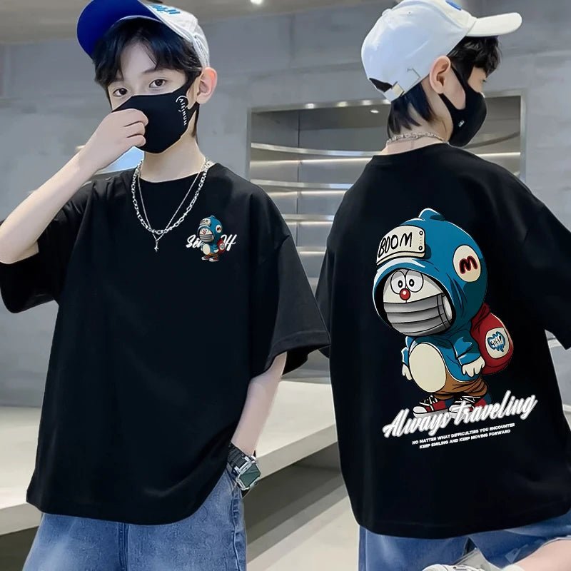 Summer 100% Cotton Boys Blue T-shirt Cool Graffiti Printed Girls Tees Short Sleeve Children Tops High Quality Kids Clothes - Mom & Kids