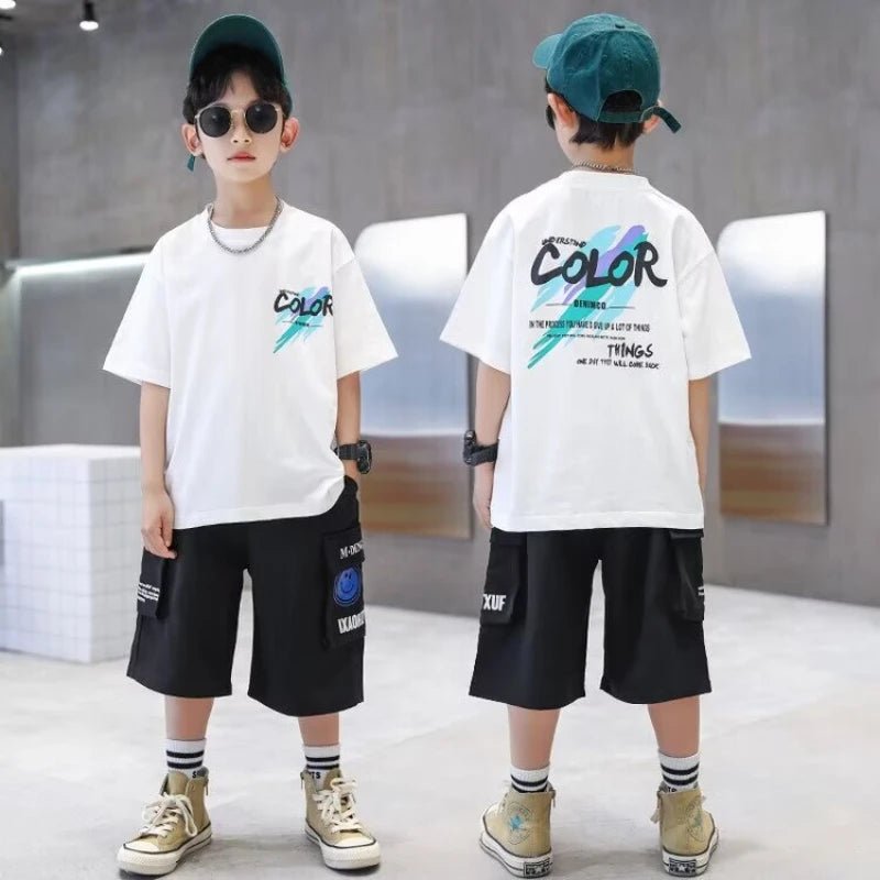 Summer 100% Cotton Boys Blue T-shirt Cool Graffiti Printed Girls Tees Short Sleeve Children Tops High Quality Kids Clothes - Mom & Kids