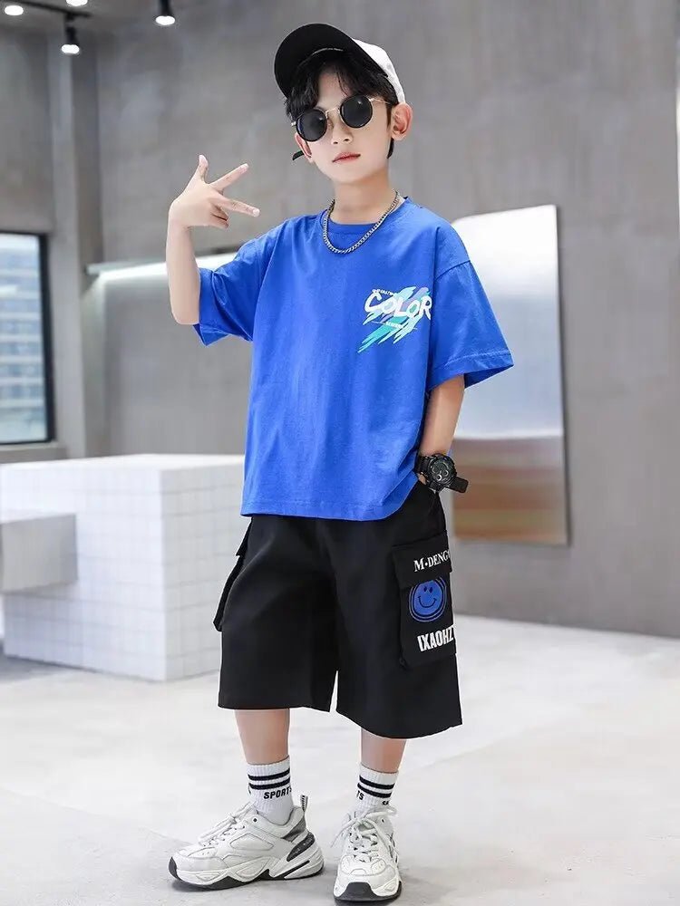Summer 100% Cotton Boys Blue T-shirt Cool Graffiti Printed Girls Tees Short Sleeve Children Tops High Quality Kids Clothes - Mom & Kids