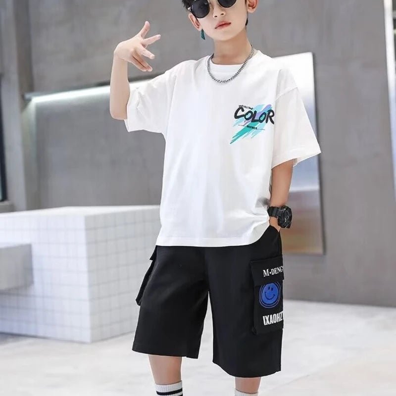 Summer 100% Cotton Boys Blue T-shirt Cool Graffiti Printed Girls Tees Short Sleeve Children Tops High Quality Kids Clothes - Mom & Kids