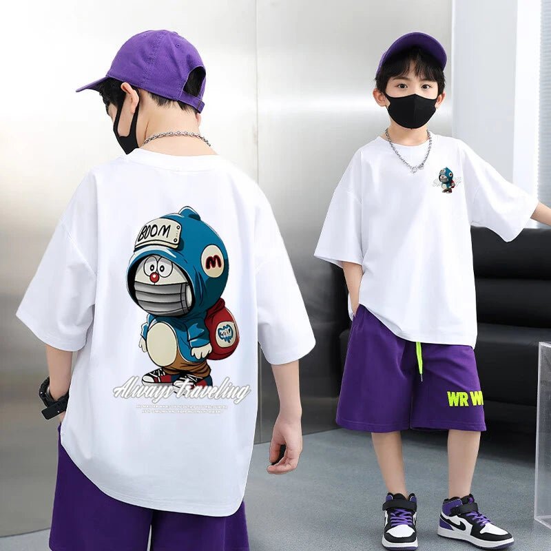 Summer 100% Cotton Boys Blue T-shirt Cool Graffiti Printed Girls Tees Short Sleeve Children Tops High Quality Kids Clothes - Mom & Kids