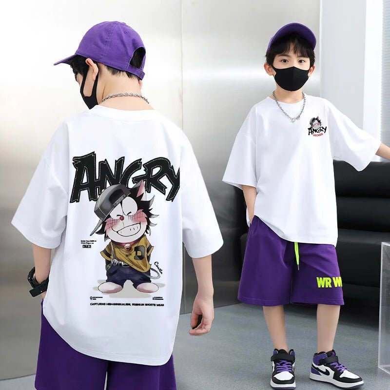 Summer 100% Cotton Boys Blue T-shirt Cool Graffiti Printed Girls Tees Short Sleeve Children Tops High Quality Kids Clothes - Mom & Kids