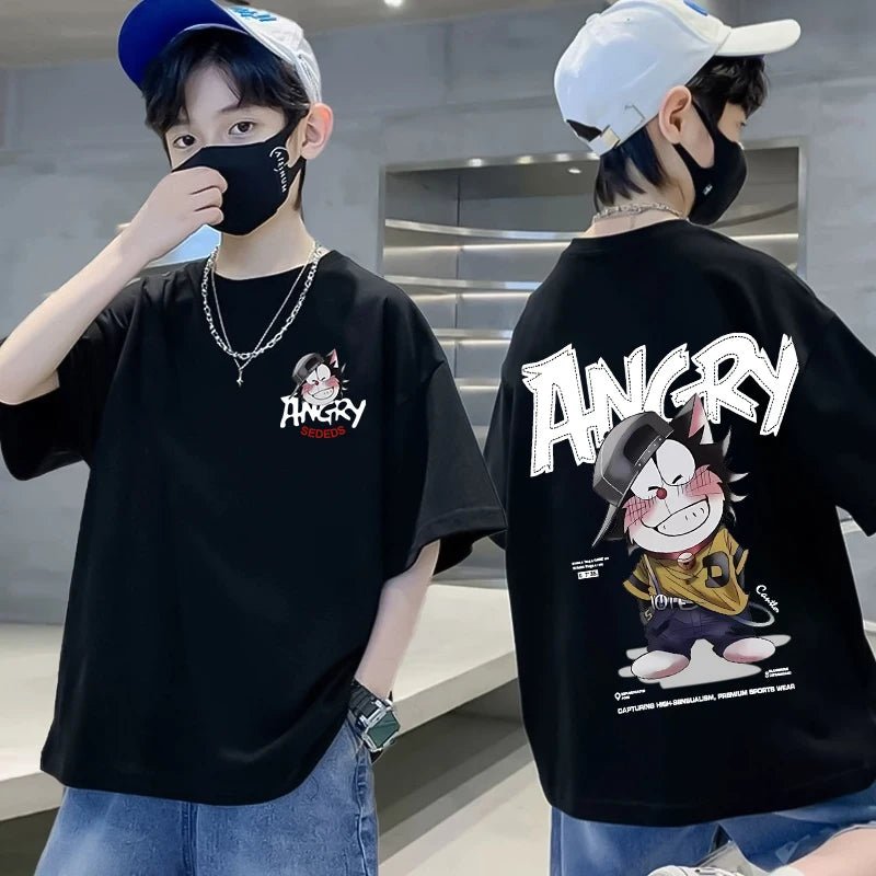 Summer 100% Cotton Boys Blue T-shirt Cool Graffiti Printed Girls Tees Short Sleeve Children Tops High Quality Kids Clothes - Mom & Kids