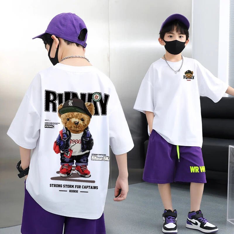 Summer 100% Cotton Boys Blue T-shirt Cool Graffiti Printed Girls Tees Short Sleeve Children Tops High Quality Kids Clothes - Mom & Kids