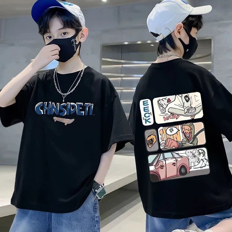 Summer 100% Cotton Boys Blue T-shirt Cool Graffiti Printed Girls Tees Short Sleeve Children Tops High Quality Kids Clothes - Mom & Kids