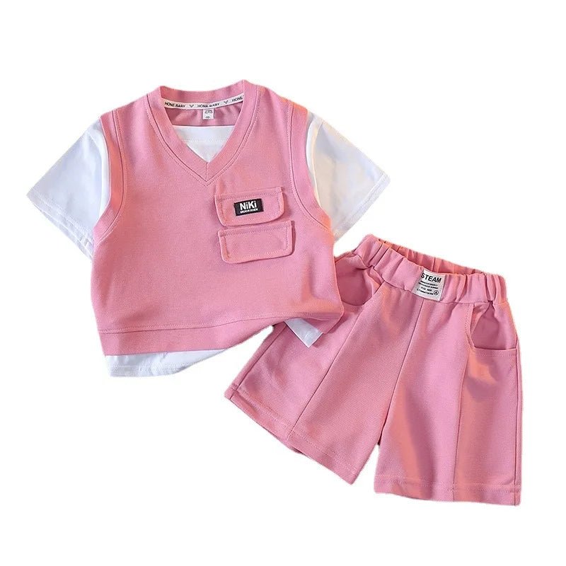 Summer Baby and Boys Cotton Contrast Patchwork t-Shirt Tops+Shorts Pant Sets School Kids Tracksuit Child 2PCS Outfit 1-10 Years - Mom & Kids