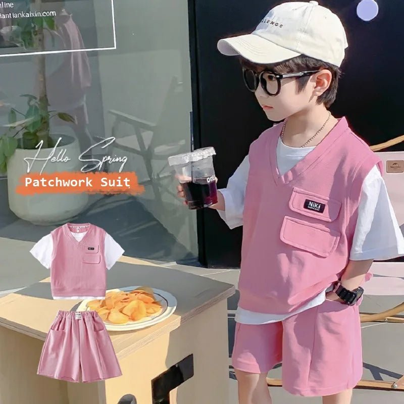 Summer Baby and Boys Cotton Contrast Patchwork t-Shirt Tops+Shorts Pant Sets School Kids Tracksuit Child 2PCS Outfit 1-10 Years - Mom & Kids