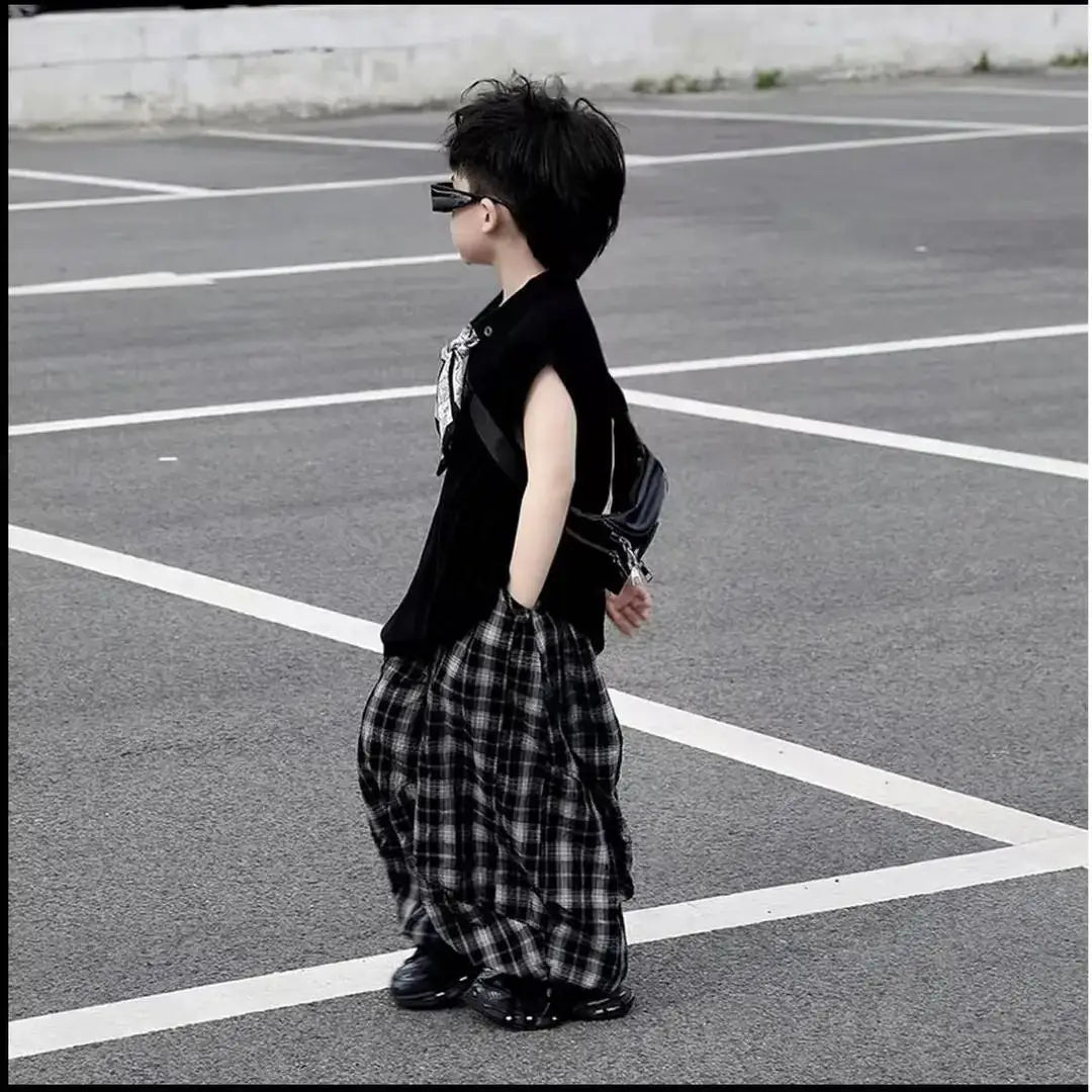 Summer Baby Boys 2Pcs Sleeveless Lapel T-shirt Top+ Thin Grid Pants Suit Children Outfit Fashion Casual Sets Handsome Clothes - Mom & Kids