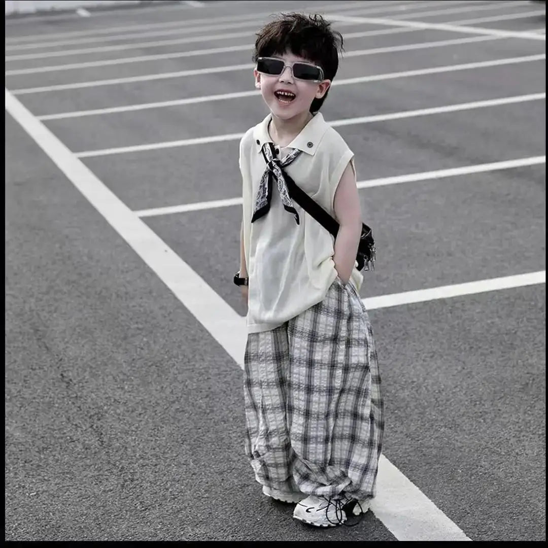Summer Baby Boys 2Pcs Sleeveless Lapel T-shirt Top+ Thin Grid Pants Suit Children Outfit Fashion Casual Sets Handsome Clothes - Mom & Kids