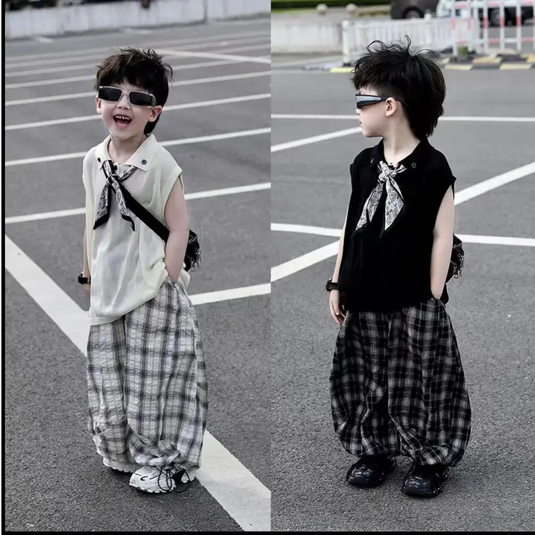 Summer Baby Boys 2Pcs Sleeveless Lapel T-shirt Top+ Thin Grid Pants Suit Children Outfit Fashion Casual Sets Handsome Clothes - Mom & Kids