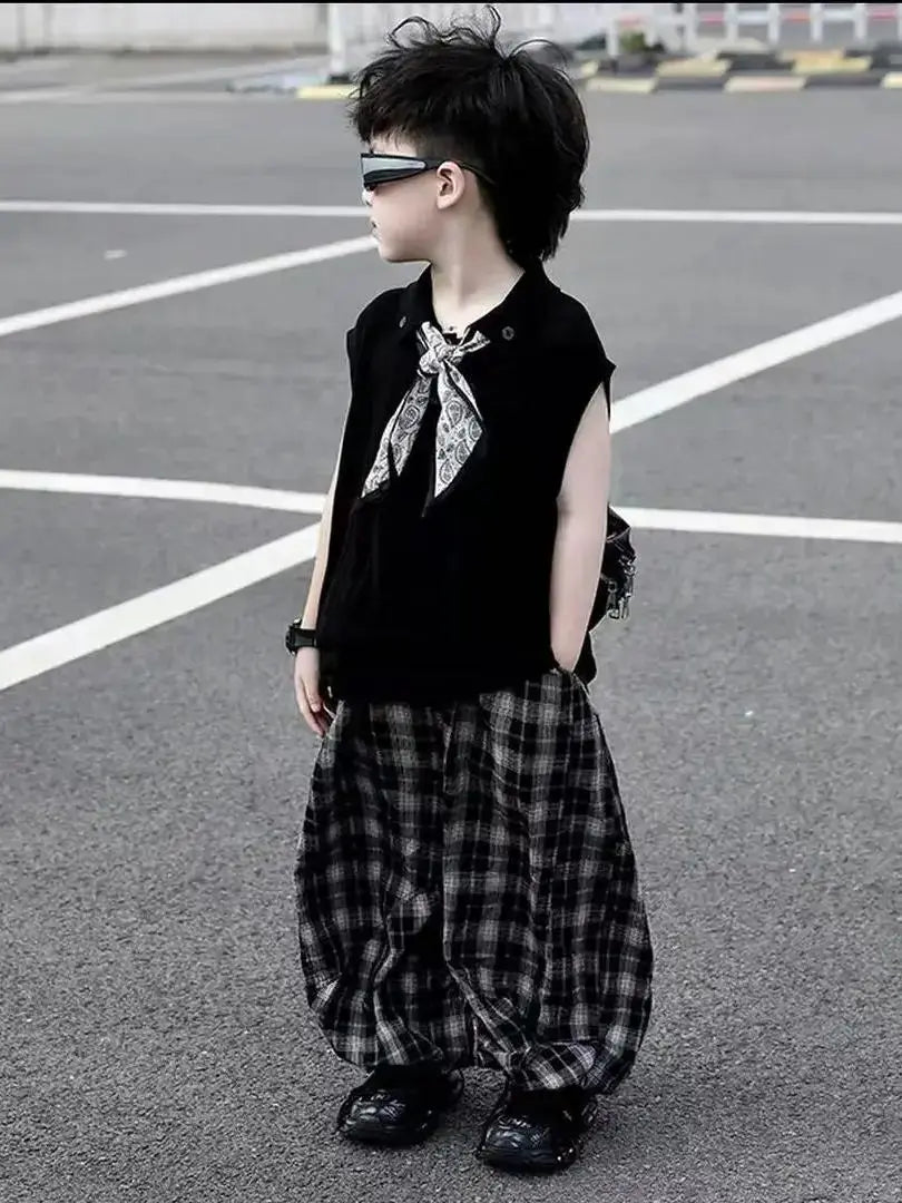 Summer Baby Boys 2Pcs Sleeveless Lapel T-shirt Top+ Thin Grid Pants Suit Children Outfit Fashion Casual Sets Handsome Clothes - Mom & Kids