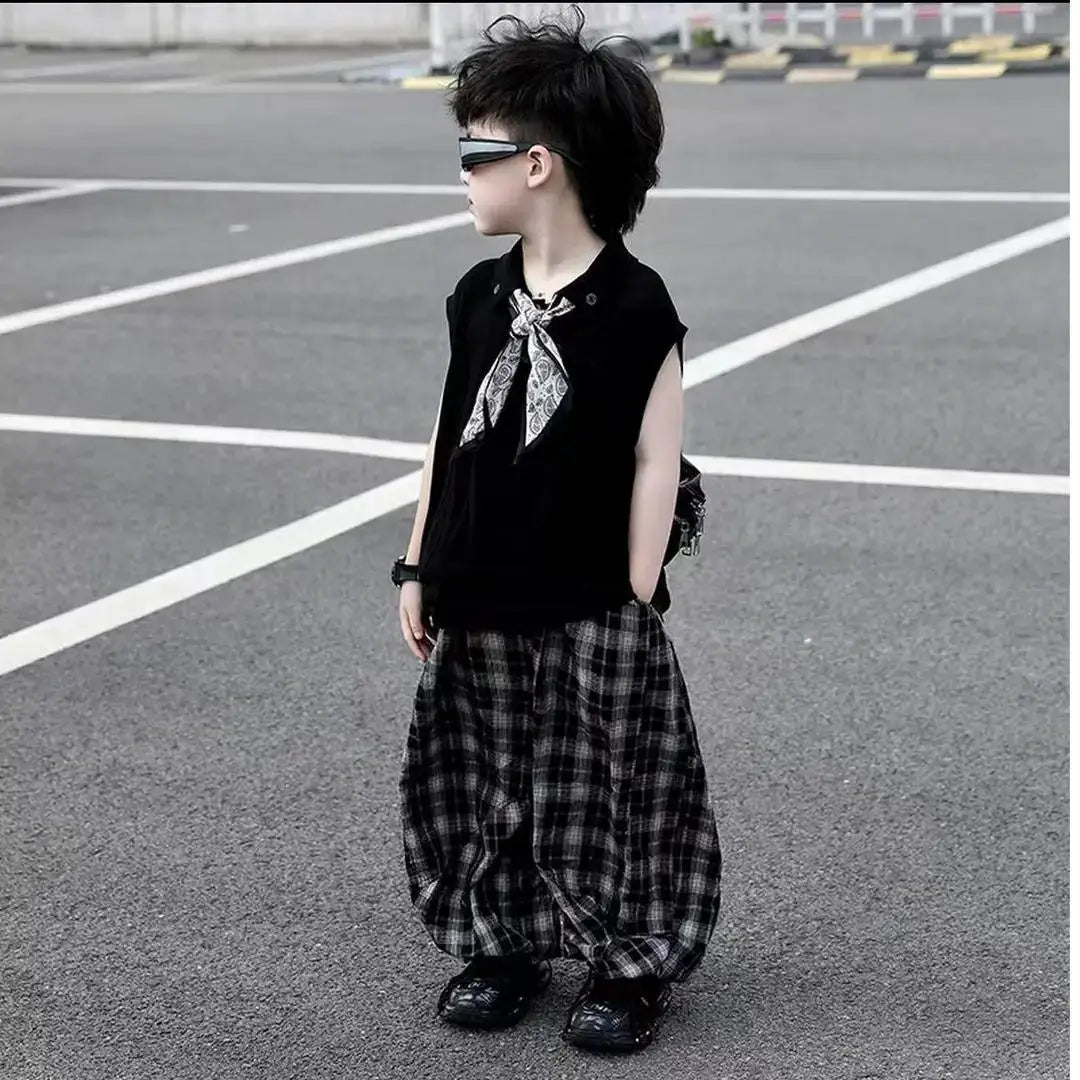 Summer Baby Boys 2Pcs Sleeveless Lapel T-shirt Top+ Thin Grid Pants Suit Children Outfit Fashion Casual Sets Handsome Clothes - Mom & Kids
