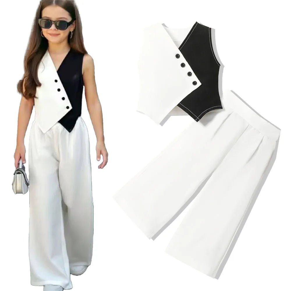 Summer Baby Girl Suits Toddler Clothes Set Black Whit Vest Wide Leg Trousers Flare Pants Kids Outfit Elegant Fashion Children - Mom & Kids