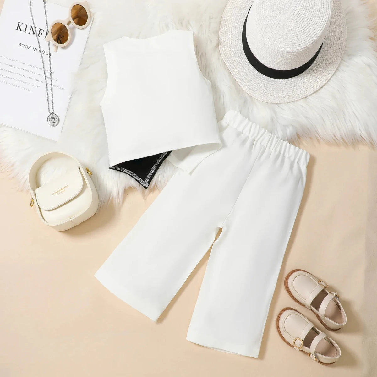 Summer Baby Girl Suits Toddler Clothes Set Black Whit Vest Wide Leg Trousers Flare Pants Kids Outfit Elegant Fashion Children - Mom & Kids