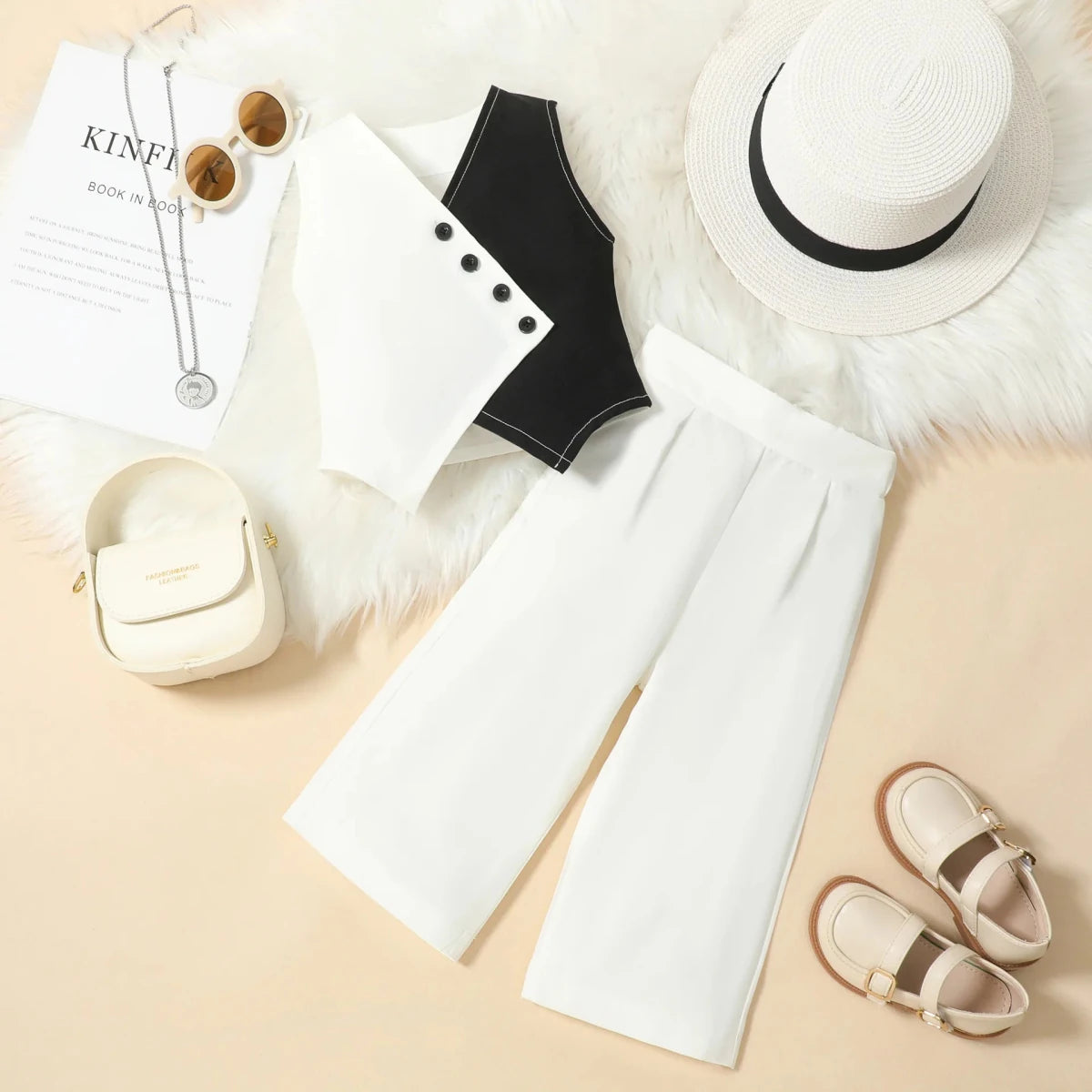 Summer Baby Girl Suits Toddler Clothes Set Black Whit Vest Wide Leg Trousers Flare Pants Kids Outfit Elegant Fashion Children - Mom & Kids