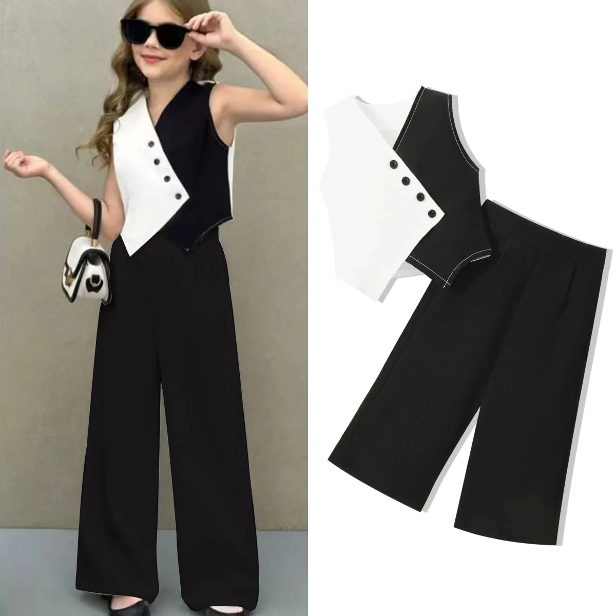Summer Baby Girl Suits Toddler Clothes Set Black Whit Vest Wide Leg Trousers Flare Pants Kids Outfit Elegant Fashion Children - Mom & Kids