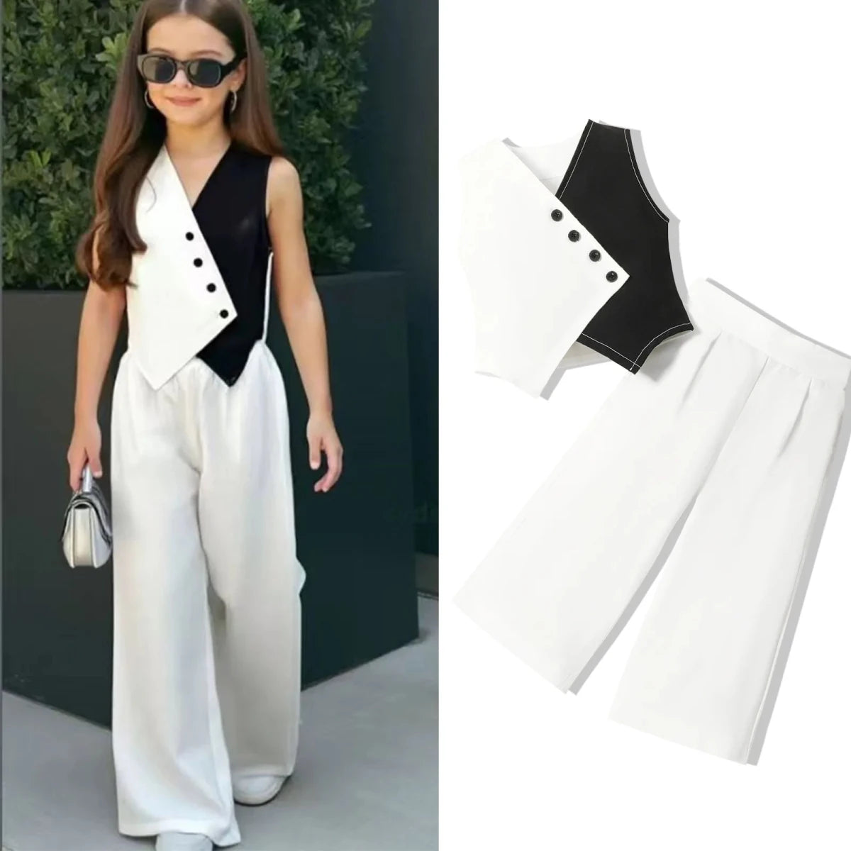 Summer Baby Girl Suits Toddler Clothes Set Black Whit Vest Wide Leg Trousers Flare Pants Kids Outfit Elegant Fashion Children - Mom & Kids