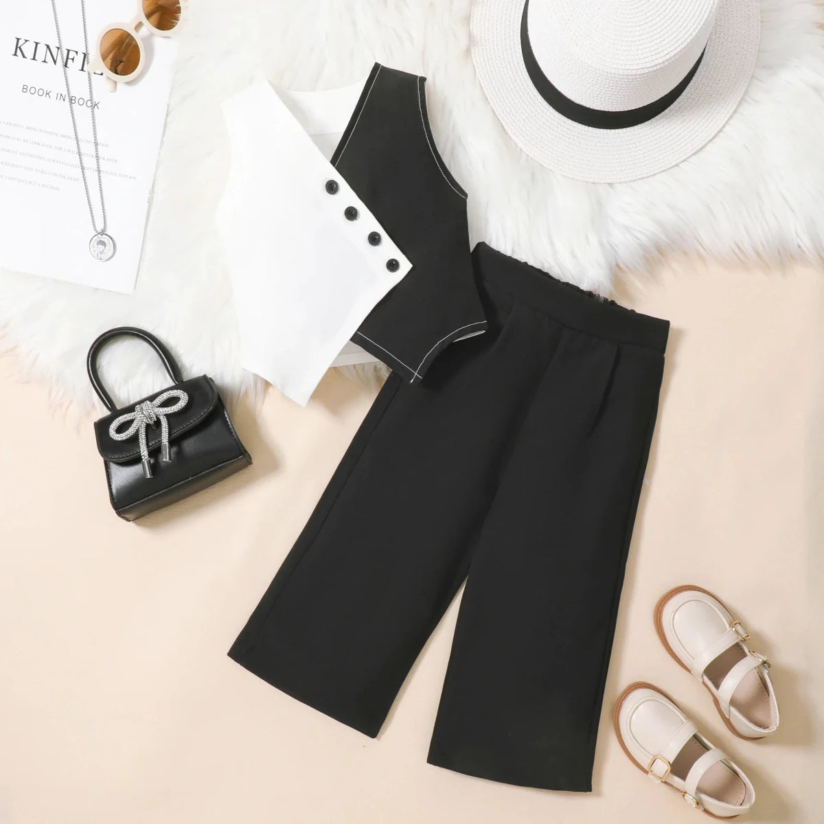 Summer Baby Girl Suits Toddler Clothes Set Black Whit Vest Wide Leg Trousers Flare Pants Kids Outfit Elegant Fashion Children - Mom & Kids