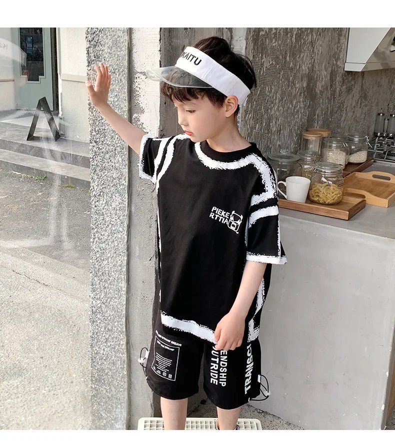 Summer Casual Boys Cotton Contrast Alphabet Graffiti t-Shirt Top+Shorts Pant Set School Kids Tracksuit Child 2PCS Outfit 5-14 Yr - Mom & Kids