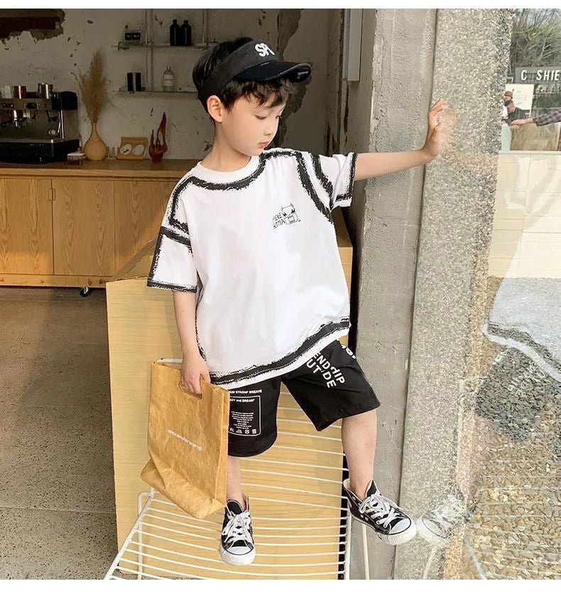 Summer Casual Boys Cotton Contrast Alphabet Graffiti t-Shirt Top+Shorts Pant Set School Kids Tracksuit Child 2PCS Outfit 5-14 Yr - Mom & Kids