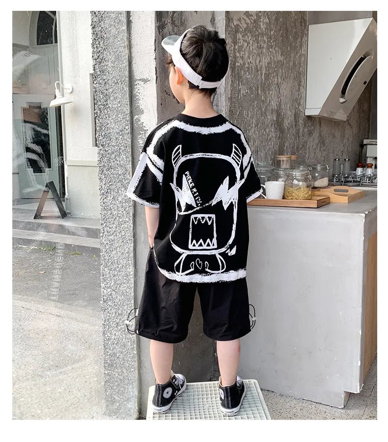 Summer Casual Boys Cotton Contrast Alphabet Graffiti t-Shirt Top+Shorts Pant Set School Kids Tracksuit Child 2PCS Outfit 5-14 Yr - Mom & Kids
