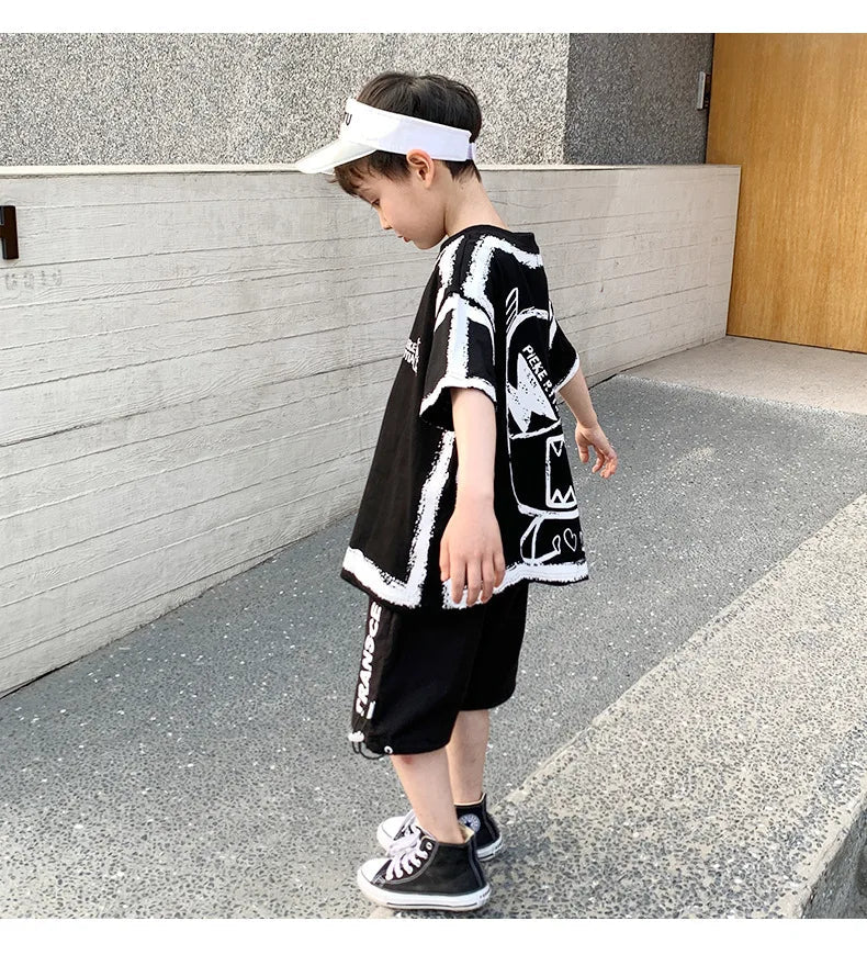 Summer Casual Boys Cotton Contrast Alphabet Graffiti t-Shirt Top+Shorts Pant Set School Kids Tracksuit Child 2PCS Outfit 5-14 Yr - Mom & Kids