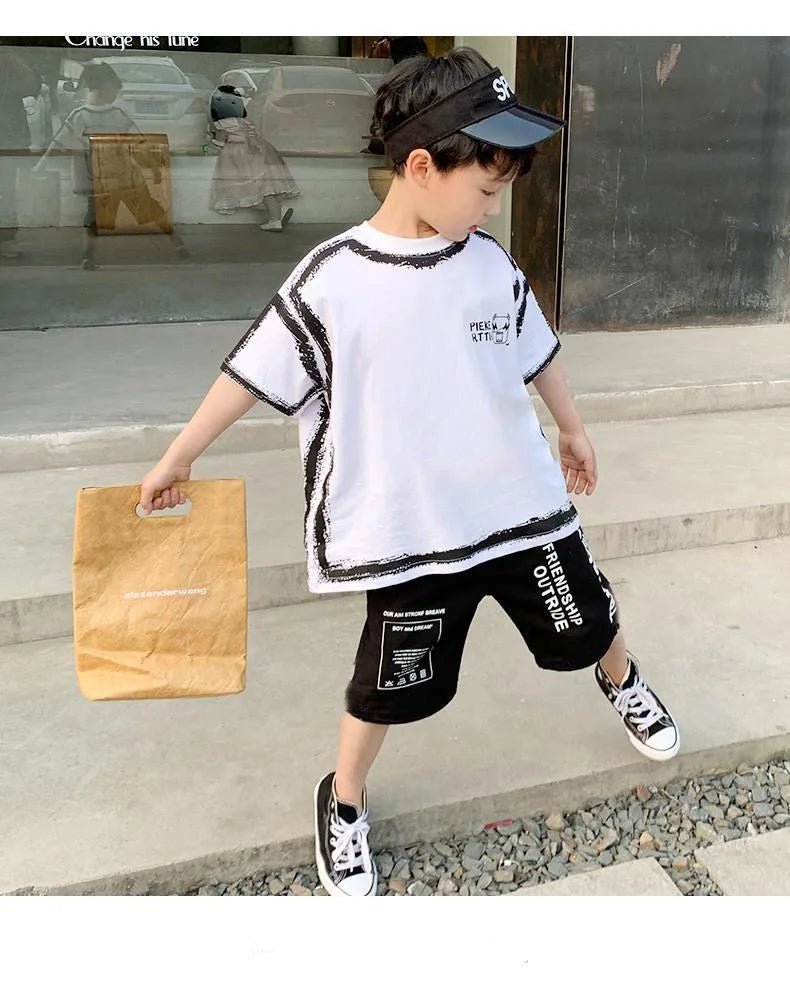 Summer Casual Boys Cotton Contrast Alphabet Graffiti t-Shirt Top+Shorts Pant Set School Kids Tracksuit Child 2PCS Outfit 5-14 Yr - Mom & Kids