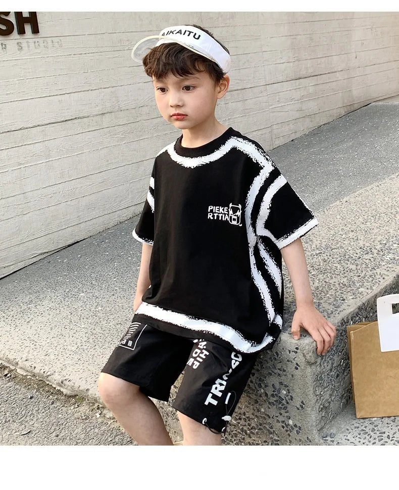 Summer Casual Boys Cotton Contrast Alphabet Graffiti t-Shirt Top+Shorts Pant Set School Kids Tracksuit Child 2PCS Outfit 5-14 Yr - Mom & Kids