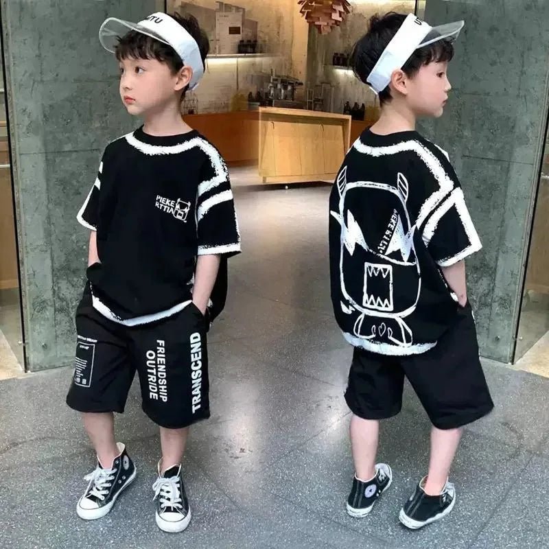 Summer Casual Boys Cotton Contrast Alphabet Graffiti t-Shirt Top+Shorts Pant Set School Kids Tracksuit Child 2PCS Outfit 5-14 Yr - Mom & Kids
