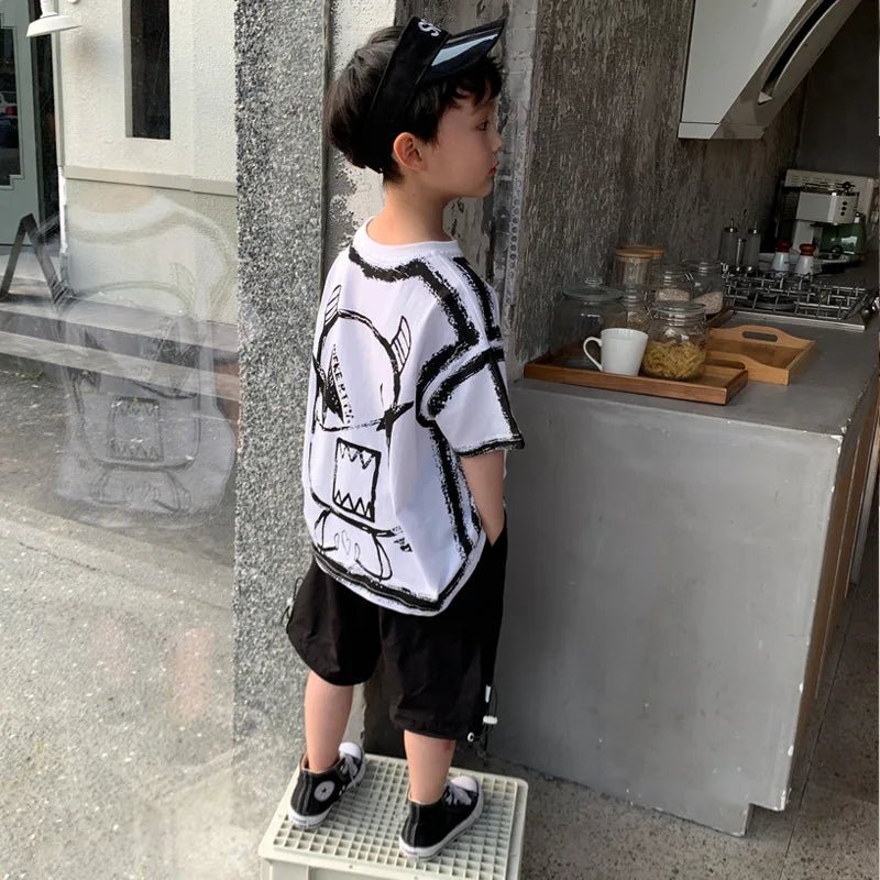 Summer Casual Boys Cotton Contrast Alphabet Graffiti t-Shirt Top+Shorts Pant Set School Kids Tracksuit Child 2PCS Outfit 5-14 Yr - Mom & Kids