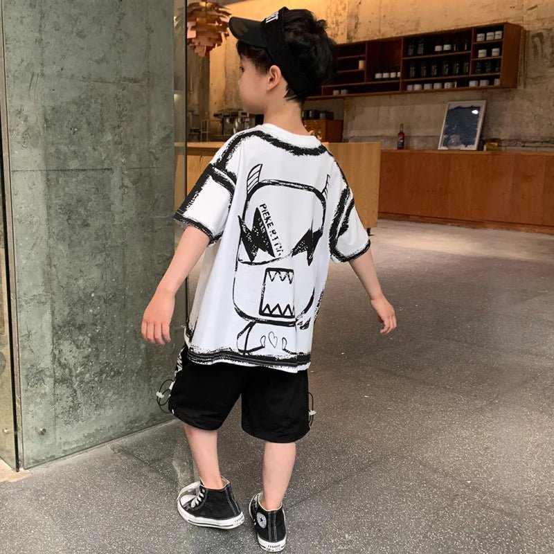 Summer Casual Boys Cotton Contrast Alphabet Graffiti t-Shirt Top+Shorts Pant Set School Kids Tracksuit Child 2PCS Outfit 5-14 Yr - Mom & Kids