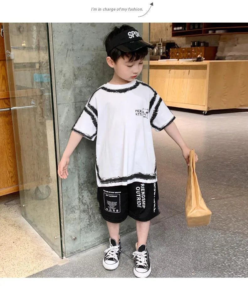 Summer Casual Boys Cotton Contrast Alphabet Graffiti t-Shirt Top+Shorts Pant Set School Kids Tracksuit Child 2PCS Outfit 5-14 Yr - Mom & Kids