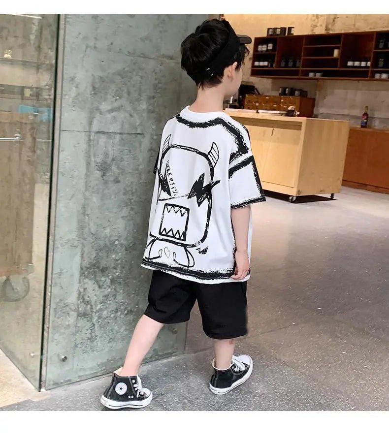 Summer Casual Boys Cotton Contrast Alphabet Graffiti t-Shirt Top+Shorts Pant Set School Kids Tracksuit Child 2PCS Outfit 5-14 Yr - Mom & Kids