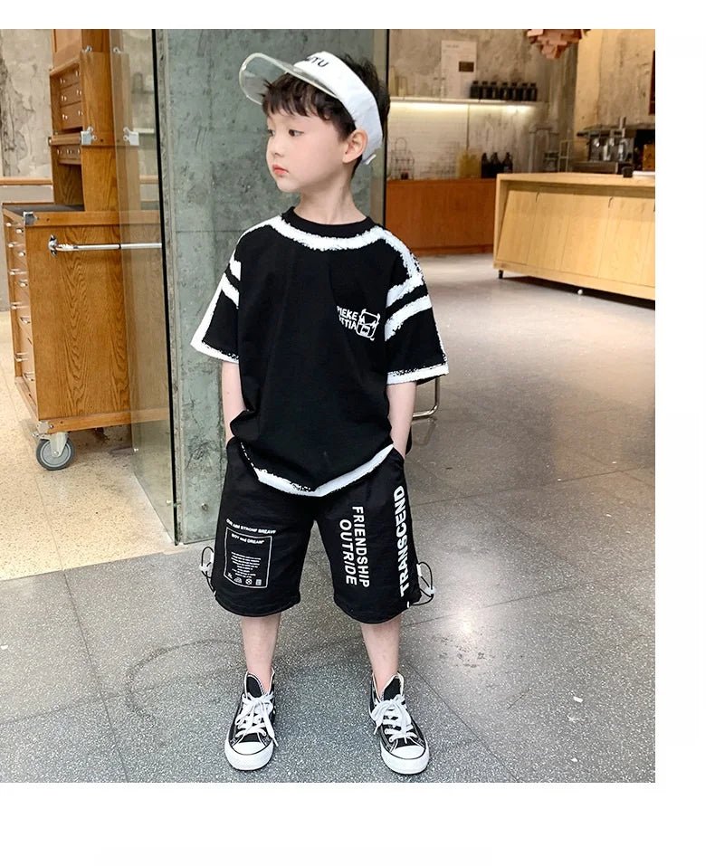 Summer Casual Boys Cotton Contrast Alphabet Graffiti t-Shirt Top+Shorts Pant Set School Kids Tracksuit Child 2PCS Outfit 5-14 Yr - Mom & Kids