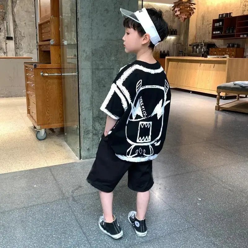Summer Casual Boys Cotton Contrast Alphabet Graffiti t-Shirt Top+Shorts Pant Set School Kids Tracksuit Child 2PCS Outfit 5-14 Yr - Mom & Kids
