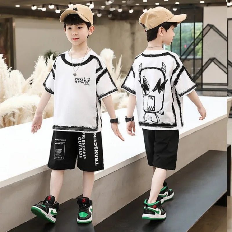 Summer Casual Boys Cotton Contrast Alphabet Graffiti t-Shirt Top+Shorts Pant Set School Kids Tracksuit Child 2PCS Outfit 5-14 Yr - Mom & Kids