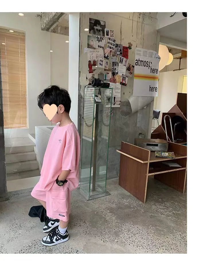 Summer Casual Boys Cotton Loose Alphabet T-shirt Tops+Short Pants Set School Kids Tracksuit Children 2-Piece Outfit Suit 2-14Yrs - Mom & Kids